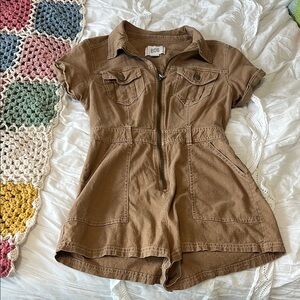 BDG Tan Short Sleeve Romper with Zipper